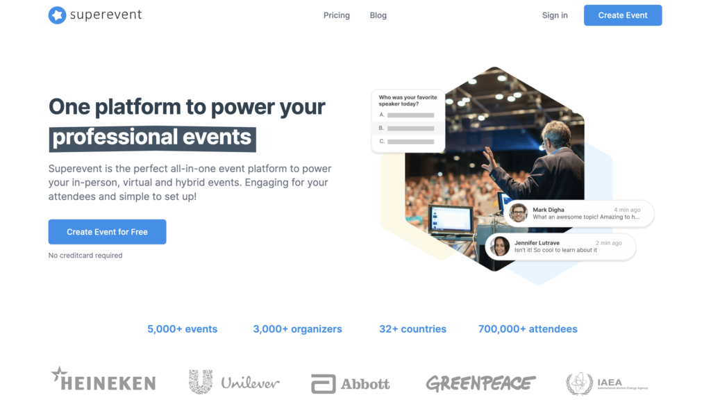 Homepage of Superevent with text saying that they are the perfect all in one event platform for in person, hybrid and virtual event. An image shows a speaker and several funtionalities like chat and voting.