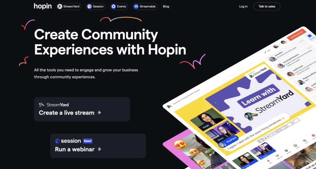 Homepage of Hopin. The text says that Hopin offers all the tools you need to engage and grow your business. 