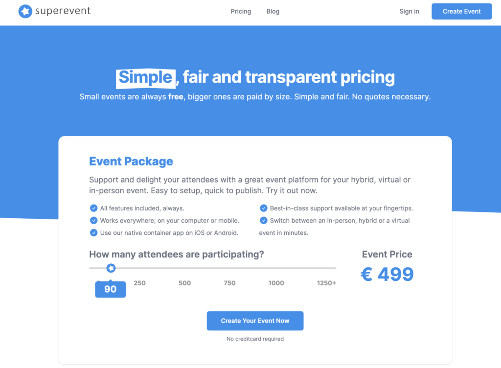 Pricing page of Superevent.